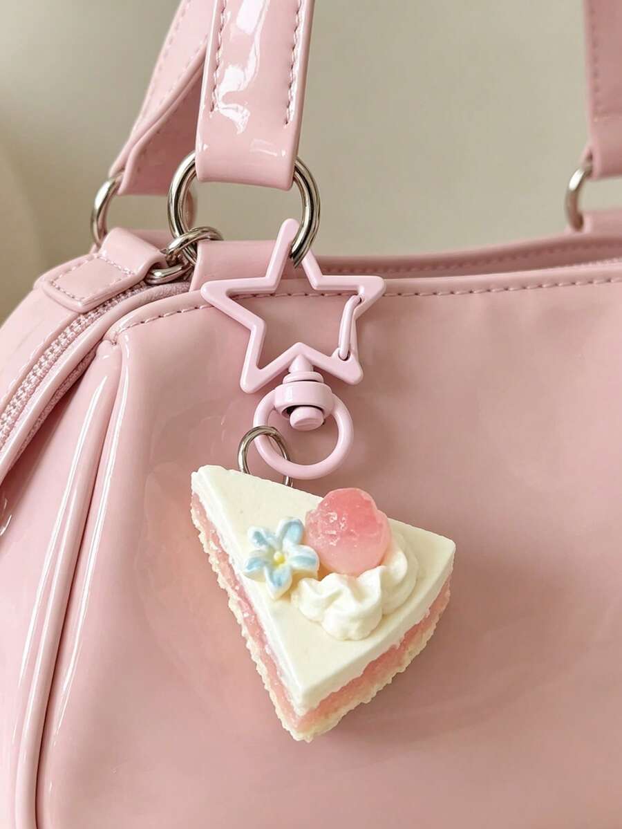 1pc 3D Star-Shaped Cake Keychain, Fun Realistic Mango Triangle Cream Cake Pendant, Macaron Color 3D Embossed Mini Dessert Bag Charm, Unique Anti-Lost Key Ring, Sweet Gift Suitable For Birthday, Valentine's Day And Best Friend Anniversary - Silver - View 1