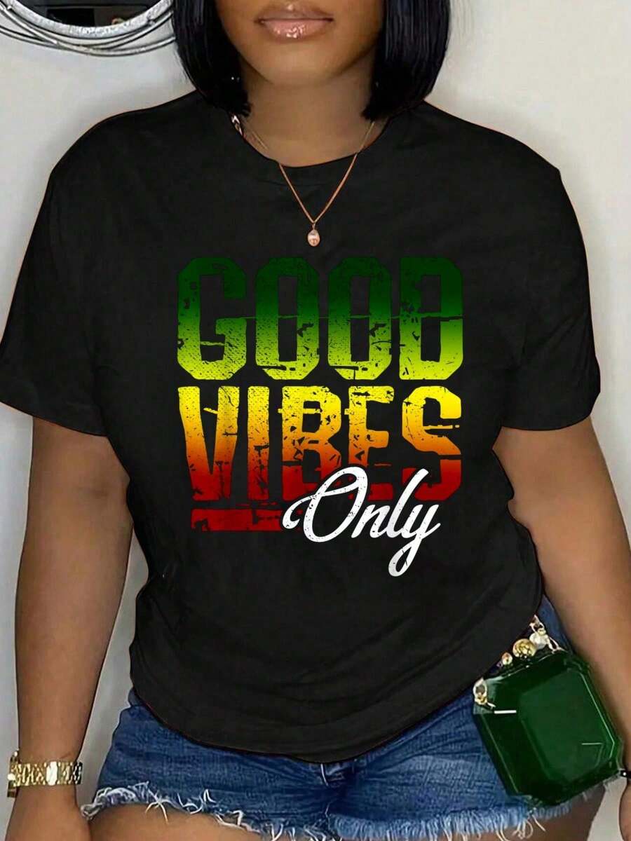 Women's Summer Short Sleeve T-Shirt, Plus Size, Y2K Style, 100% Cotton, Reggae, Good Vibes Only Jamaica One Love Rast A, For Women And Men, Loose Fit, Comfortable And Soft - 黑色 - 查看 1