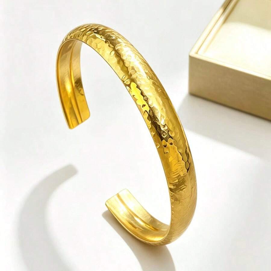 1pc Women's Honeycomb Pattern Asymmetrical Hammered Fine Striped Brushed Open Cuff Bracelet, Fashion Gold Color Stainless Steel Bangle, Suitable For Daily Wear - Honeycomb Pattern - View 1