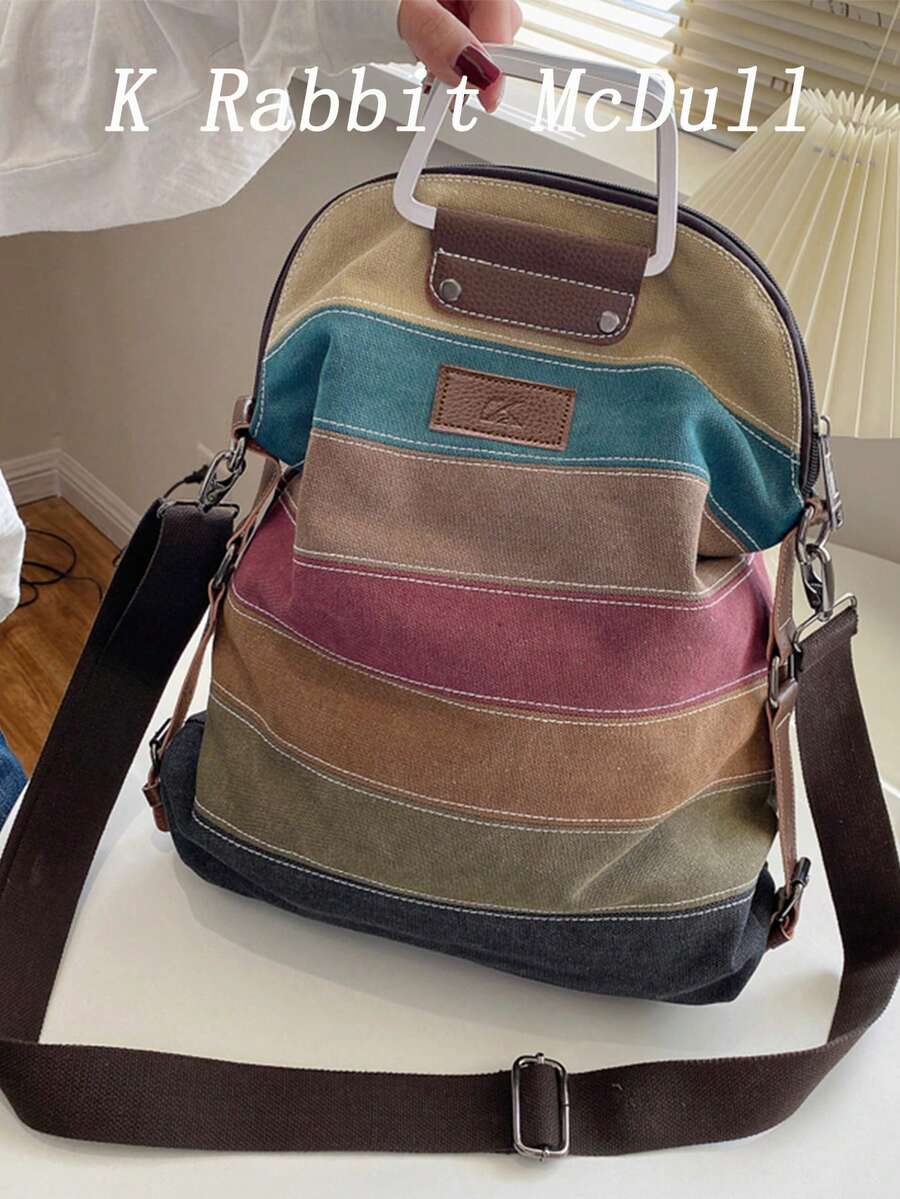 Multi-color Striped Canvas Backpack , Women's Top Handle Daypack , Functional Shoulder Bag - MultiWarna - View 1