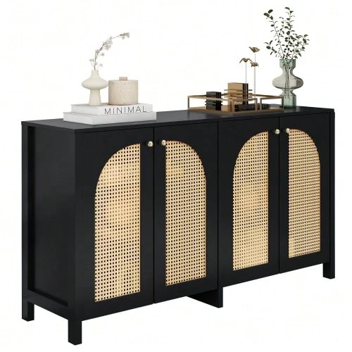 Modern Minimalist Sideboard With 4 Rattan Doors And Metal Handles; Simple Storage Unit For Dining Room, Living Room Or Kitchen (White) - 黑色 - 查看 1