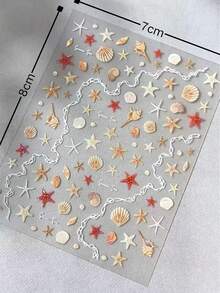 1pc Glitter Ocean Shell & Starfish Decorative Sticker, Red-Brown Gradient Starfish Paired With Assorted Seashells And White Chain Border, Refreshing Beach Style. Suitable For Collage, Phone Case Decoration, Water Bottle Sticker, Notebook Embellishment, Compatible With Various Handmade DIY Crafts. - Glittery Ocean Seashells and Starfish - View 5