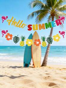 2pcs/1set Hello Summer Banner, Hawaiian Party Decoration, Pineapple Flamingo Garland, Summer Beach Pool Birthday Party Backdrop Decoration, Suitable For Summer Holiday Gatherings And Hawaiian Theme Indoor/Outdoor Party Hanging Decoration, Party Photo Backdrop Props - View 5