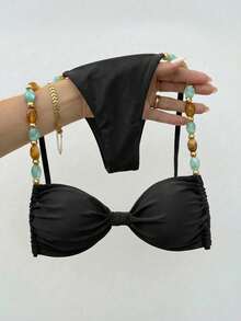 Conjunto de Bikini con Cuello Halter y Amarre en la Espalda para Mujer, Estilo Bohemio con Bloques de Color y Tirantes de Hombro con Cuentas, Adecuado para Vacaciones en la Playa Blan - Negro - Ver 1