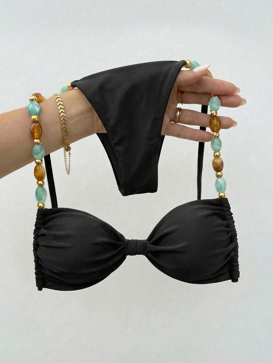 Conjunto de Bikini con Cuello Halter y Amarre en la Espalda para Mujer, Estilo Bohemio con Bloques de Color y Tirantes de Hombro con Cuentas, Adecuado para Vacaciones en la Playa Blan - Negro - Ver 1