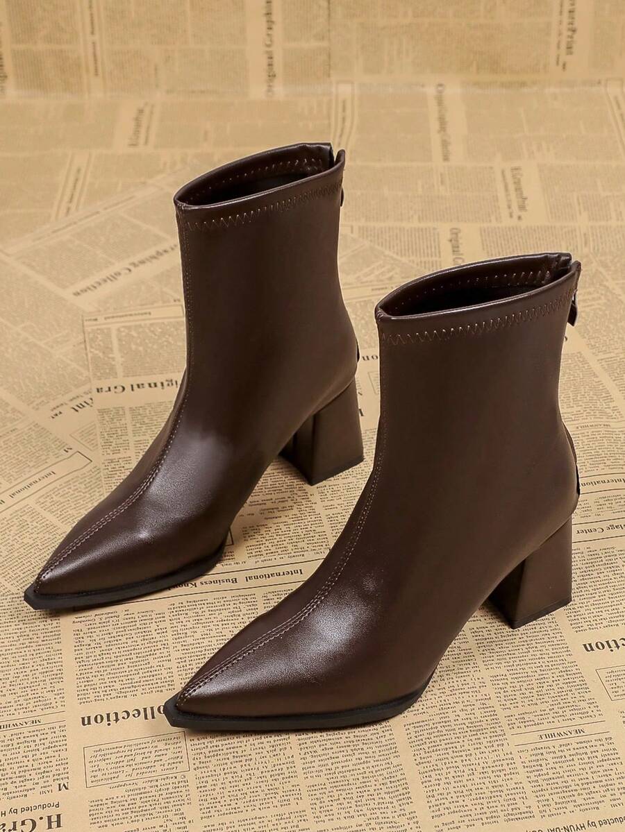 Elegant Pointed Toe Chunky Heel Back Zipper Short Boots For Women, Autumn/Winter New Brown Mid-Calf Classic American Style Boots - Brown - View 1