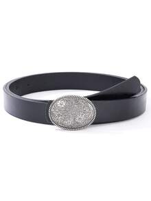 Vintage Cowboy Style Black Faux Leather Belt, Retro Engraved Silver Oval Buckle Adjustable Ladies Waistband - Carved Buckle Thin Leather Belt - View 7