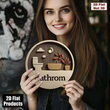 2D平面 1件裝浴室標誌 - 附「Bathroom」標籤與馬桶木製圖示 - 壁掛式裝飾牌，適用於居家、洗手間、水療中心、飯店 - 鄉村風馬桶門掛飾，2D平面 - A - 查看 3
