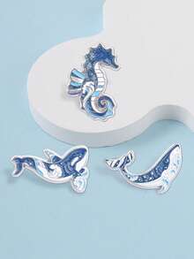 3pcs Glitter Ocean Whale Seahorse Enamel Pin Set, Starry Sea Animal Brooch, Unique Jewelry Gift Idea, Perfect For Collectors & Fans - Blue - View 8