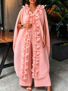 AOMEI Elegant Women's Soft Pink Loose Tulle Sheer Kimono Dress With Ruffle Front Opening And Drawstring Design, Wedding Guest Party Dress - Baby Pink - View 9