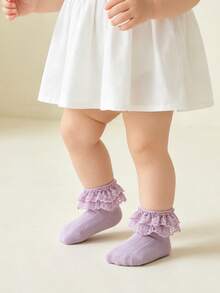 1 Pair Lace Hollow Out Bow Thin Soft Comfortable Breathable Cotton Princess Style Socks For Baby Girls - Purple - View 5