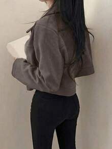 女士仿麂皮拉链夹克，翻领，纯色，休闲百搭，适合上学、机场、春秋季穿着 - 咖啡棕 - 查看 5