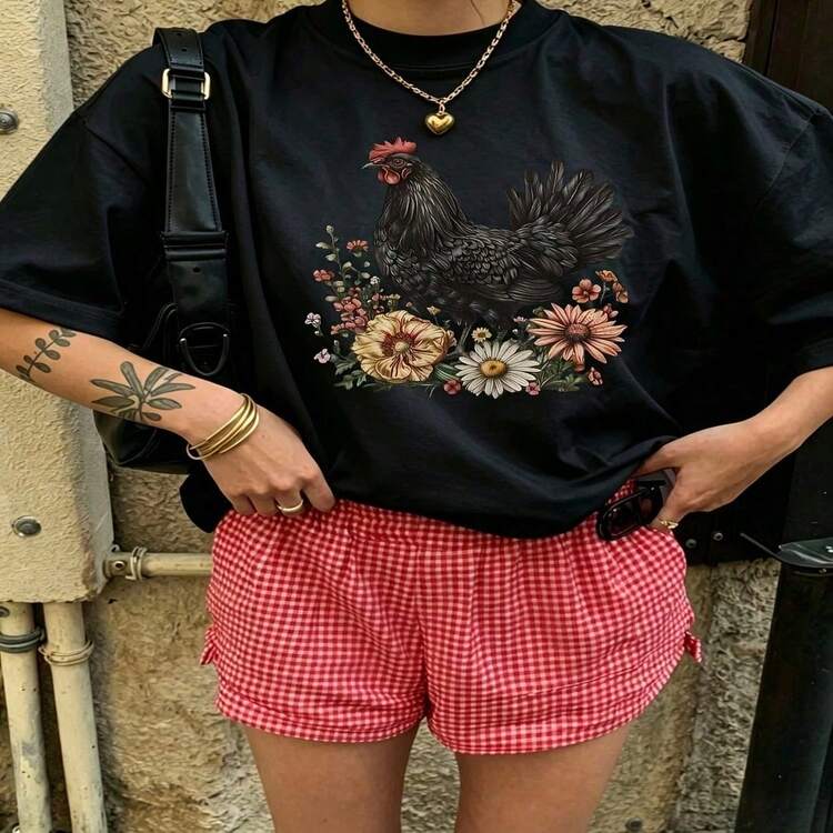 Heartfelt Daily Casual Graphic T-Shirt 100% Cotton Oversized Soft Breathable Casual Crewneck Short Sleeve Top Vintage Aesthetic Cute Retro Vibe For Casual Wearers Fashion Lovers Daily Outfit Enthusiasts Gift Givers - 黑色 - 查看 18