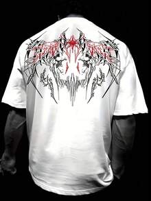 Camiseta con Estampado de Alas de Calavera Oscura, Corte Holgado, Transpirable y Cómoda, Manga Corta, Cuello Redondo con Hombros Ligeramente Caídos - Blanco - Ver 1