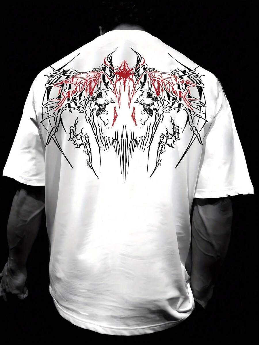 Camiseta con Estampado de Alas de Calavera Oscura, Corte Holgado, Transpirable y Cómoda, Manga Corta, Cuello Redondo con Hombros Ligeramente Caídos - Blanco - Ver 1