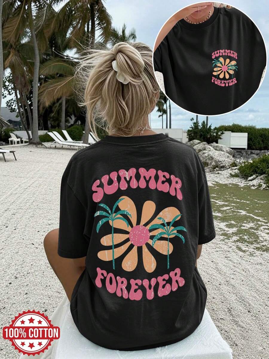 [Impresión a Doble Cara] Camiseta Casual de Verano para Mujer, Estilo Vintage, Estampado Floral y de Cocotero, Camiseta de Manga Corta con Cuello Camiseta en 100% algodón - Negro - Ver 1