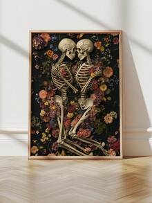 1pc, Canvas Wall Art, Framed Wall Decor, Gothic Romantic Floral Skull Couple Canvas Painting, Dark Academia Style Poster, Vintage Dried Flower Skull Oil Painting, Suitable For Modern Home Decor, Room Decor, Dorm Decor, Bedroom Decor, Living Room Decor, Bathroom Decor, Kitchen Decor, Dining Room Decor, Office Decor, School Decor - A - View 2