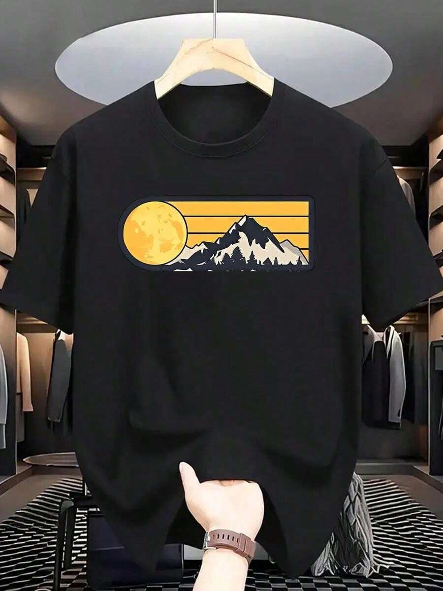 Camiseta para Hombre Monta?a Luna Amarilla, Cómoda y Transpirable, Ideal para Dise?os Naturales, Uso Casual y Regalos - Negro - Ver 1