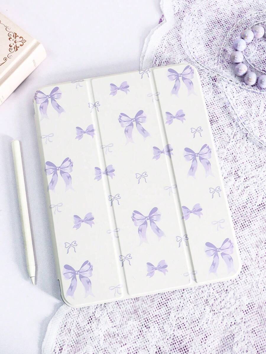 1件紫色蝴蝶結彩繪平板保護殼,相容 iPad Mini6/Mini7/9.7/10.2/10.5/Air4/Air5/10.9/Pro 11"/10th Gen/Pro11-In.(M4)-2024/Air 7(M3)2025(11-Inch)/Air 8(M4)2026(11-Inch)/(A16) 11 Inch 11th Generation 2025/Galaxy Tab A8 10.5 Inch 2022,內建筆槽,三折支架,TPU軟邊,自動休眠/喚醒,翻蓋平板保護殼 - 彩色 - 查看 1