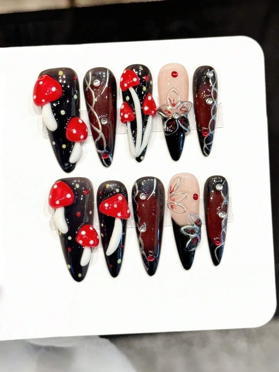 10pcs Handmade Long Pointed Slim Press-On Nail Tips, Black Acrylic Nails, 3D Mushroom Flower Nail Art, Gemstone Bow Rhinestone Decor, Luxury Summer Party Daily Date Vacation Outfit DIY Nails, Women Girls Gift Nail Supplies - Multicolor - View 1