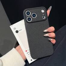 經典鵝卵石紋理人造皮革手機殼，荔枝紋大鏡頭保護超薄防滑手機殼，適用於 iPhone 17 16 15 14 13 Pro Max 12 Pro Max 11，多款節日禮物 - 黑色 - 查看 3