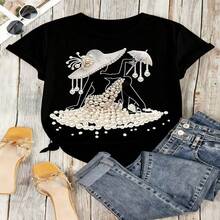 Retro Pearl Fashion Graphic T-Shirt, 100% Cotton Oversized Soft Breathable Casual Crewneck Short Sleeve Top, Romantic Aesthetic Summer Vibes Tee For Women & Fashion Lovers - 黑色 - 查看 18