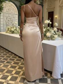 Women's Pleated Sexy One Shoulder Maxi Dress High Split Slim-Fit Cocktail Party Evening Gown,Easter Women Dress - 香檳色 - 查看 2