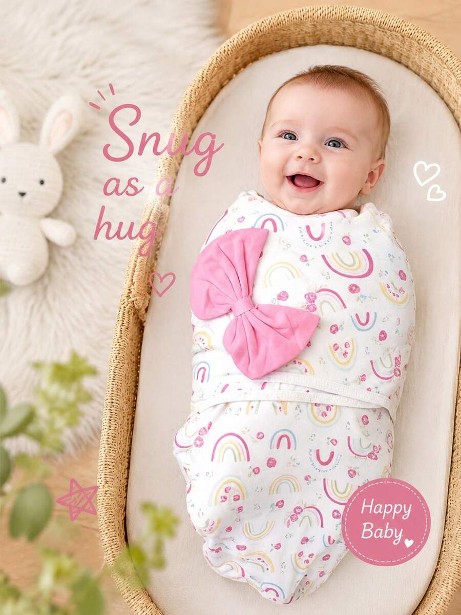 HAPPY WALK 100% Woven Baby Swaddle Blanket, Soft, Comfortable, Breathable, Skin-Friendly Blanket For Newborns 0-3 Months, Essential Baby Bedding For Sleep, Unisex Swaddle Blanket For Newborns - (Upgraded Version) Large Bow Rainbow - View 1