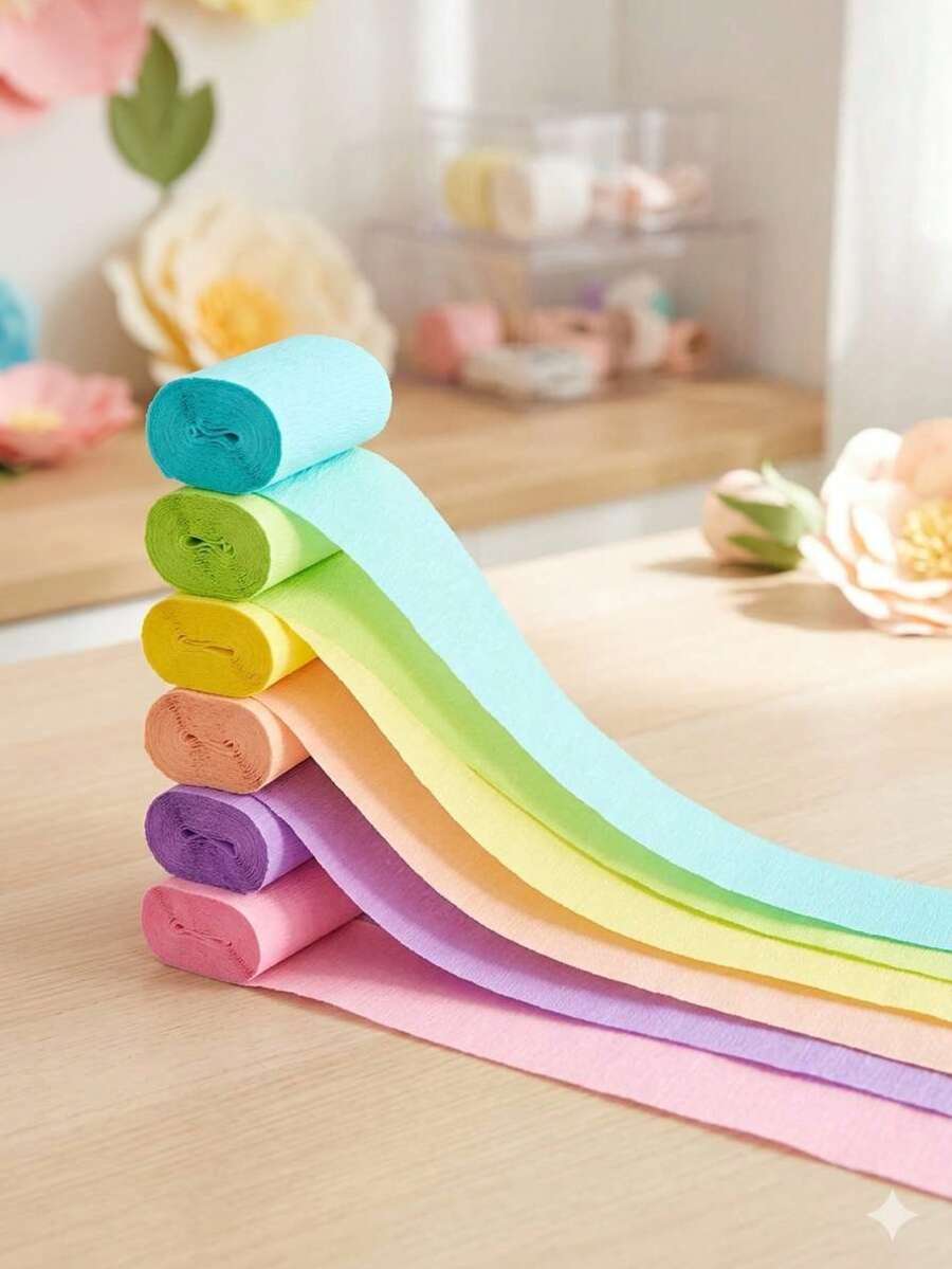 Macaron Color 6-Color Crepe Paper Tassel Rolls, Thickened Soft Pleated Decorative Strips, Suitable For Birthday Backdrop, Baby Shower Decor, DIY Crafts, Wedding And Holiday Hanging Decorations, Can Be Stretched And Twisted Into Various Decorative Shapes - A - View 1