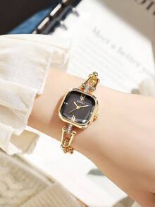 Women's Gift Watch, Fashion Casual Square Minimalist Roman Numeral Rhinestone Dial Elegant Quartz Bracelet Wristwatch (1pc/Set), Watch Box Not Included - Gold - View 7