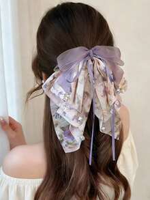 1pc Multi-Layer Purple Floral Chiffon Bow Ponytail Clip With Flowing Sweet Ribbon Hair Accessory For Women Beach Claw Clips Vacay Hair Clips - Purple - View 4