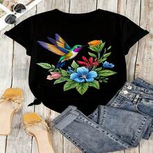 Hummingbird Floral Graphic T-Shirt, 100% Cotton Oversized Soft Breathable Casual Crewneck Short Sleeve Top, Spring Vibes Aesthetic Summer Tee for Nature Lovers - Negro - Ver 19