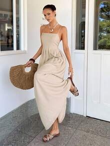 Vestido de mujer con tirantes de espagueti y escote tubo de lino, estilo vacacional - Albaricoque - Ver 1