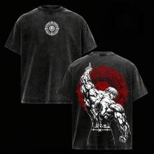 Camiseta Lavada Vintage Algodón Grueso con Doble Estampado Ilustrativo Gráfico, Corte Unisex Variedad de Tallas, Prenda Casual Moda Urbana Estilo Dibujo Manga - Negro - Ver 1
