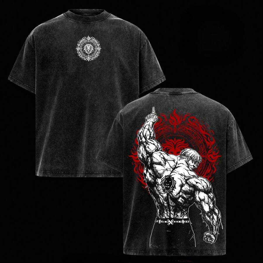 Camiseta Lavada Vintage Algodón Grueso con Doble Estampado Ilustrativo Gráfico, Corte Unisex Variedad de Tallas, Prenda Casual Moda Urbana Estilo Dibujo Manga - Negro - Ver 1
