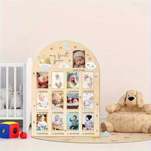 2D Flat First Year Photo Wall, Commemorative Photo Frame, Floral Decorated Wooden Frame, Suitable For Baby Birth To One Year Old Photos, Decoration. No Electricity Required - A - View 3