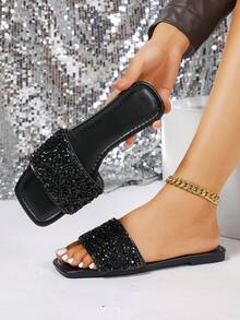 1 Pair Flat Slide Sandals/Solid Color Flat Design Shiny Upper Exquisite Design Rhinestone Decor Easy To Put On And Take Off Easy To Clean Elegant Sophisticated Fashion Versatile Suitable For Daily Wear Shopping Dating Vacation Travel Must-Have Slide Sandals - Black - View 9