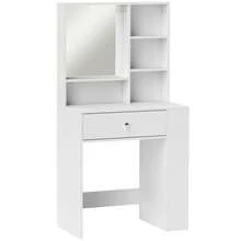 Vanity Table With Mirror, Makeup Desk With Drawer And 3-Tier Side Shelves, White - White - View 11