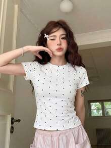 夏季街頭約會日常通勤簡約可愛俏皮性感白色拼色波點辣妹圓領修身短袖短版上衣休閒款 - 白色 - 查看 4
