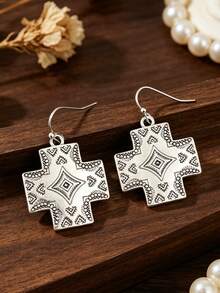 1 Pair Western Cross Geometric Totem Distressed Earrings, Vintage Personalized Minimalist Earrings - Antique Silver - View 4