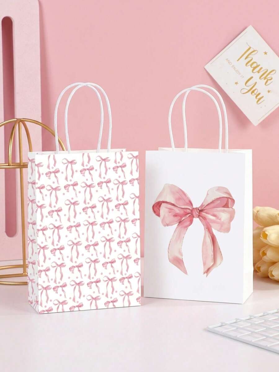 10er Pack rosa Schleifen-Geschenktüten + Aufbewahrungstasche, beliebte Geschenktüten für Geburtstag, Hochzeit, Thanksgiving und Weihnachten, niedliche Kraft-Papiertüten mit Griff, vielseitige Geschenkverpackung für Süßigkeiten und kleine Geschenke, Party-Mitbringsel-Papiertragetaschen - bogenförmiger Verpackungsbeutel - Übersicht 1