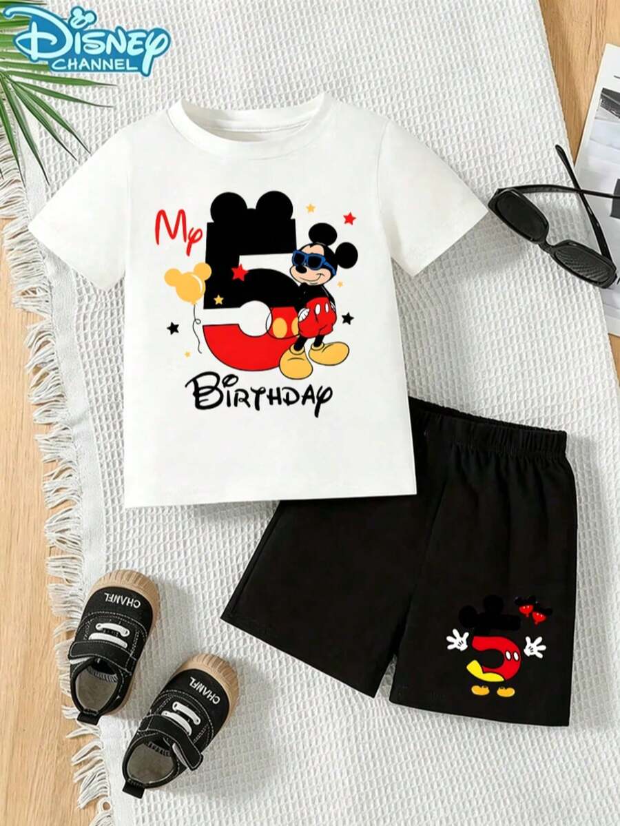 Disney Unisex Boys Girls 2-14Y Mickey Mouse No.5 Birthday Star & Balloon Print Tee Shorts Set, Birthday Party Outfit, Express Delivery - 白衣黑褲 - 查看 1