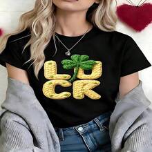 Lucky Clover Graphic T-Shirt, 100% Cotton Oversized Soft Breathable Casual Crewneck Short Sleeve Top, Summer Vibes Streetwear Style For Women & St Patrick's Day Lovers - 黑色 - 查看 11