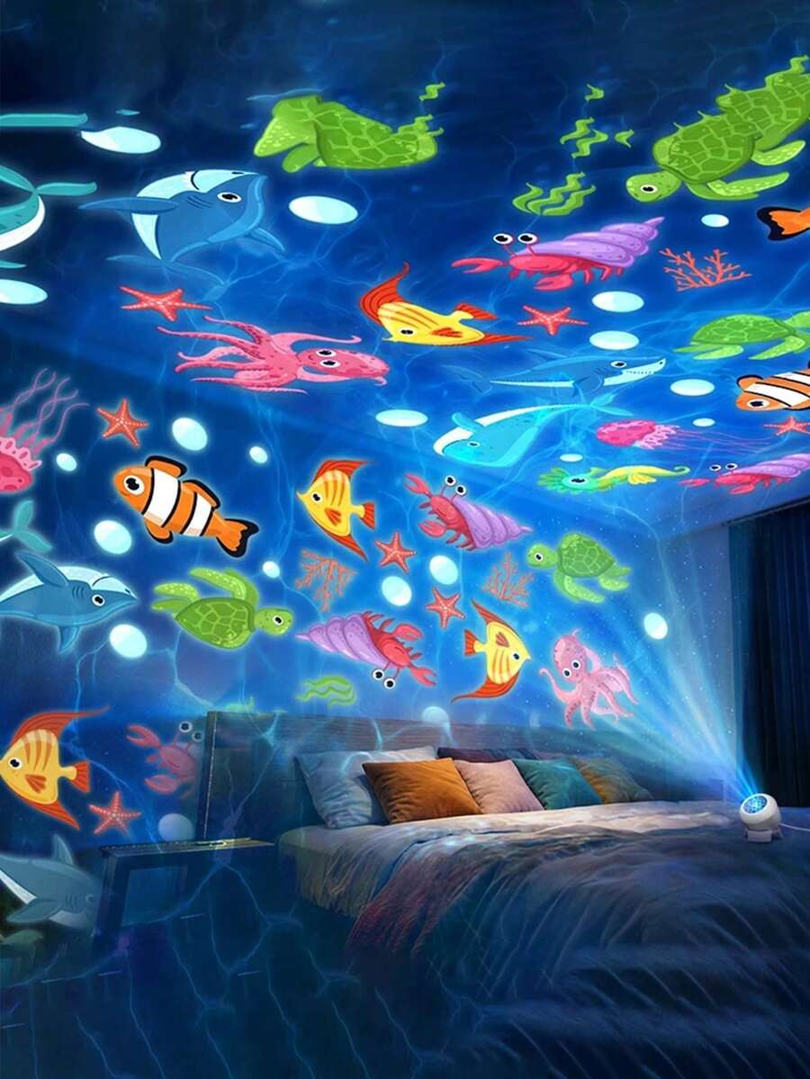 1pc 360° Rotating LED Starry Ocean Projection Night Light, Dynamic Projection Lamp, Rechargeable/USB Powered Adjustable Atmosphere Light, Suitable For Baby Room, Living Room And Game Room Decoration, Ocean Theme Projection (Battery Capacity 800mAh)