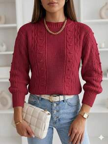 Women's Long-Sleeved Ribbed Blouse With A Round Neck And Braided Knit Details, In A Wool-Like Fabric. - 紅色 - 查看 2