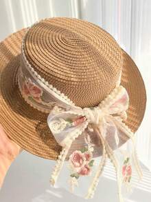 New Flat Top Straw Hat For Women, Embroidered Woven Hat, Summer Sun Protection Hat, UV Protection Sun Hat, Beach Hat - A - View 5