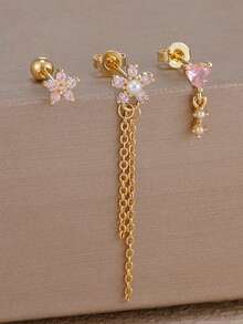 Bộ 3 đôi bông tai đinh hoa Zirconia hồng tua dài, bông tai hình trái tim bằng thép không gỉ và đồng cho nữ, trang sức tiệc cưới, quà tặng Ngày lễ Tình nhân, mẹ, Ngày của Mẹ - Bộ đồ hoa - Xem 5