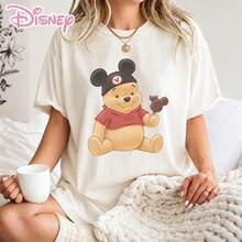 This Is A 100% Cotton Disney Women's T-Shirt With Minimalist Winnie The Pooh Prints, Ideal For Vacations, Parties And Daily Casual Wear. - 白色 - 查看 1