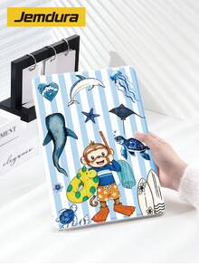 Blue Striped Patchwork Little Monkey, Ocean Pattern Tablet Protective Case, Tri-Fold Stand Protective Cover, Compatible With IPad 10.2 Inch Pro 2021/2020 9th/10th Gen/ (A16) 11 Inch 11th Gen 2025, Galaxy Tab A8 10.5 Inch 2022, Matepad 10.4/ Tab/, Anti-Drop, With Pen Slot, Supports Sleep/Wake, Gift For Kids / Gift For Family - Multicolor - View 3