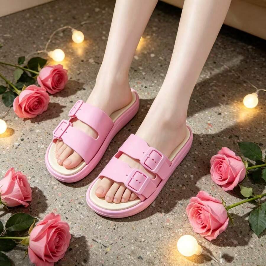 Women's Pink Thick Sole Slippers, Adjustable Double Buckle Soft Bottom Casual Beach Sandals, Summer - Pink - View 1